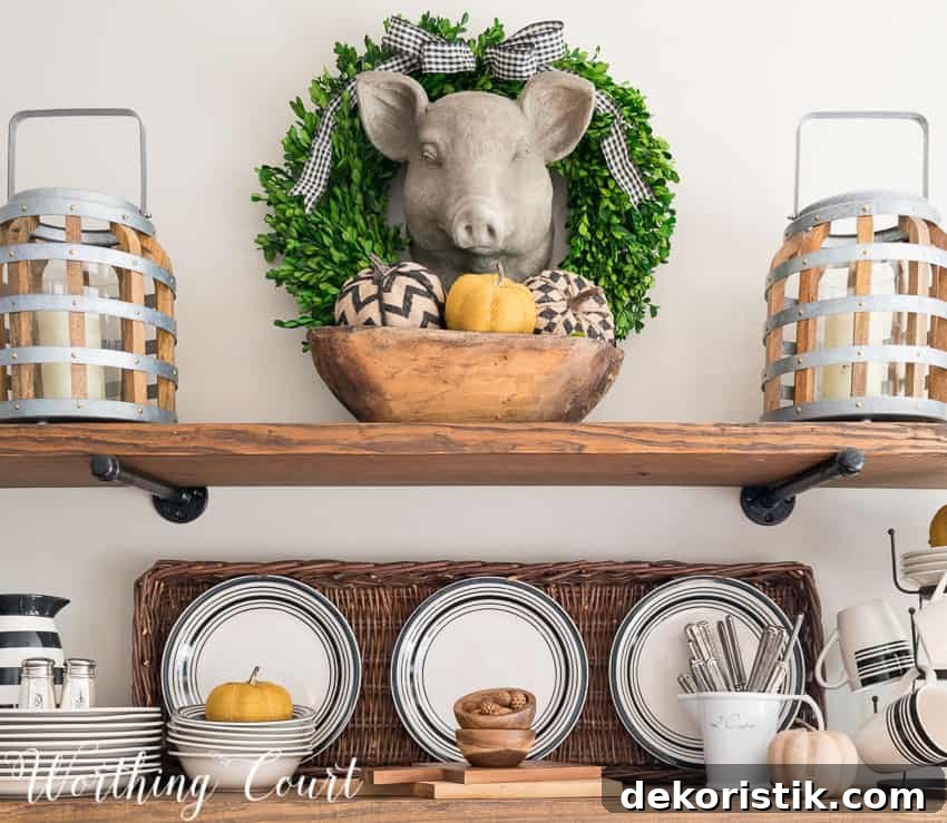 rustic shelves with fall decorations