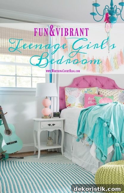 pinterest image for a colorful teenage girl's bedroom with a pink headboard, white furniture, teal lamps, teal throw, brass trunk, tissue paper garland and gallery wall