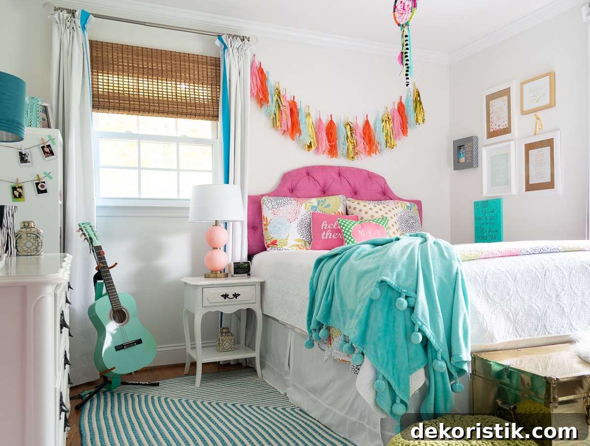 teenage girl's bedroom with vibrant colors and a pink tufted headboard