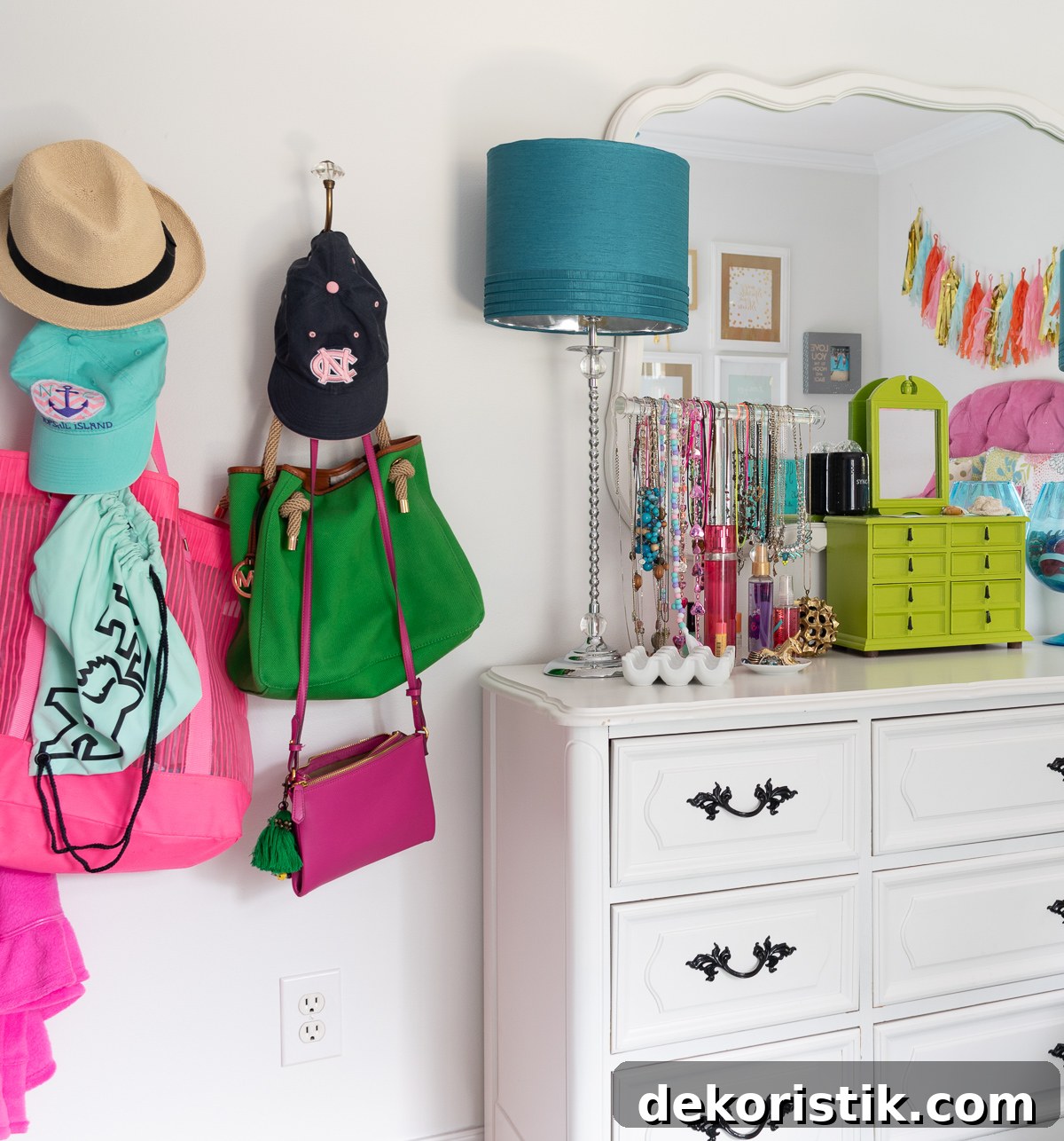 wall hooks and open storage in teenager bedroom