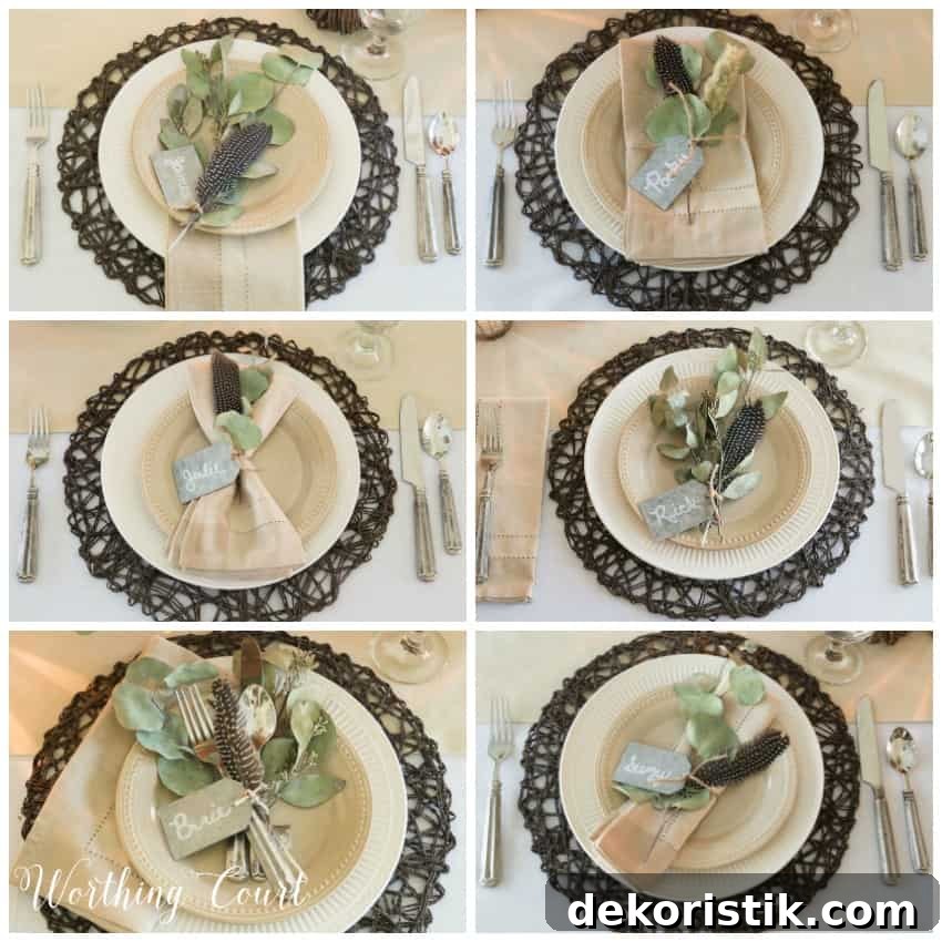Six different Thanksgiving place settings using the same elements