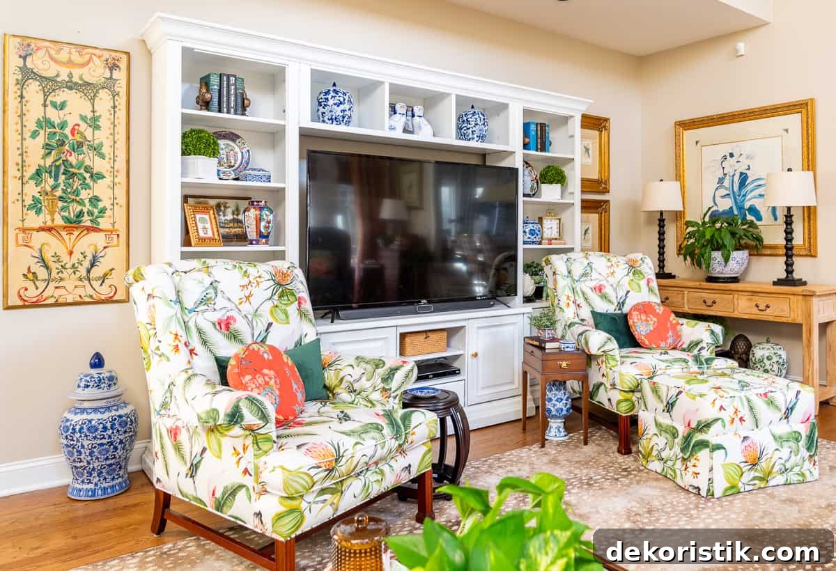 5 High-Impact DIY Projects for Small Budgets 9 living room decorated for spring with colorful accessories in a white entertainment center with two colorful chairs in front