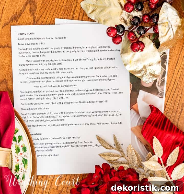 5 Christmas Prep Tasks to Do Today 4 Picture of word document with Christmas decorating plans surround by burgundy and gold decorations.