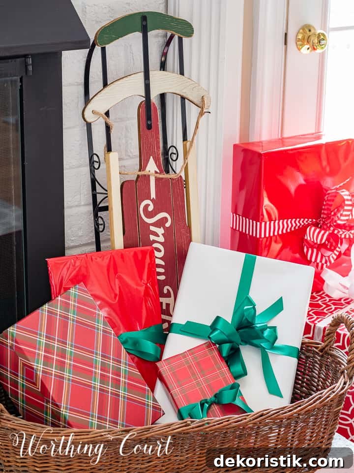 5 Christmas Prep Tasks to Do Today 8 Wicker basket filled with wrapped gifts.