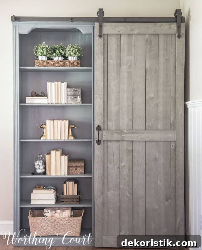Farmhouse style bookcases with a sliding diy barn door.