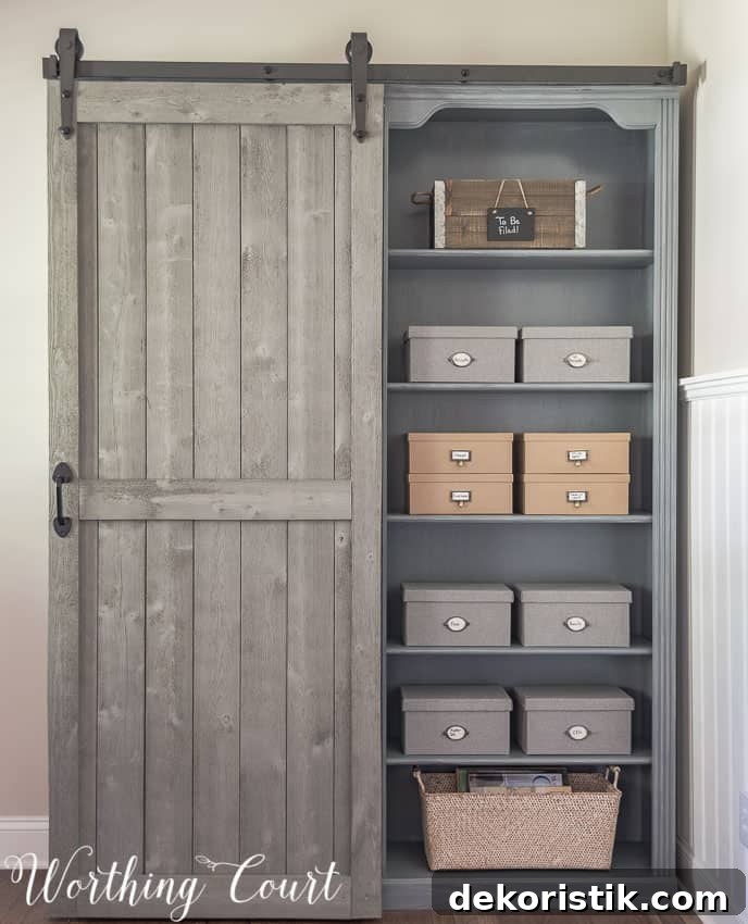 Hidden storage behind a diy sliding barn door on bookcases.