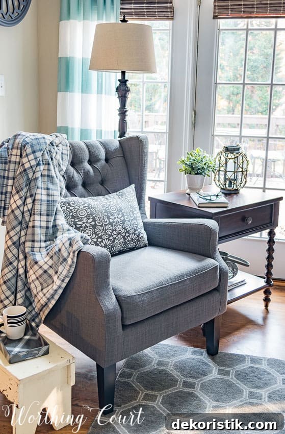 How to Create a Cohesive Family Room 3 Gray wing chair with tufted back || Worthing Court