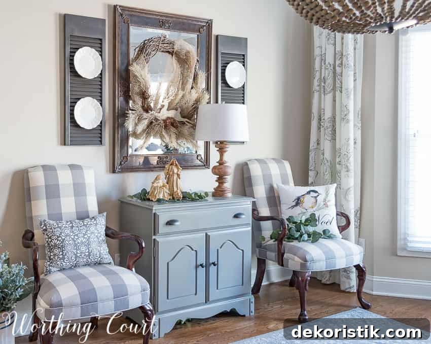 Sideboard and mirror rustic glam Christmas decorations || Worthing Court