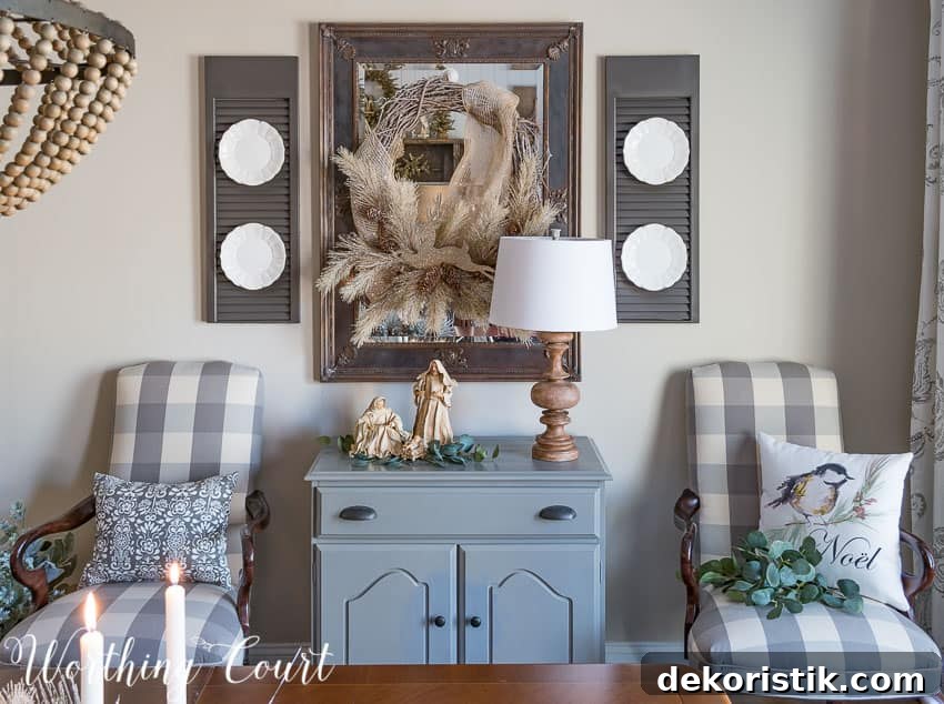 Rustic farmhouse glam Christmas dining room sideboard and mirror || Worthing Court