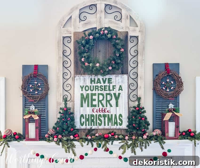 Have yourself a Merry Little Christmas sign on the decorated mantel.