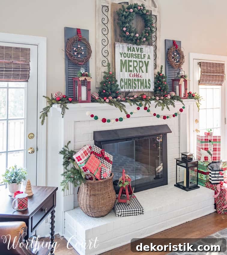 There is a large wicker basket filled with presents on the white fireplace mantel.