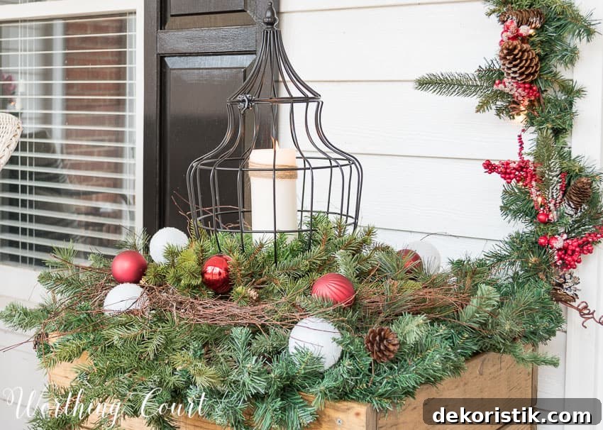 DIY wood planters filled with Christmas greenery and lanterns.