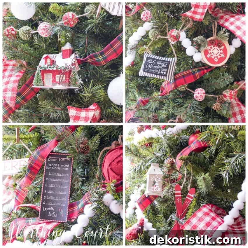 Red and White Christmas ornaments on the tree.