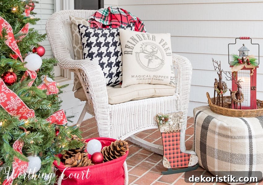 A fabric ottoman holding a wicker tray with reindeers is on the porch.