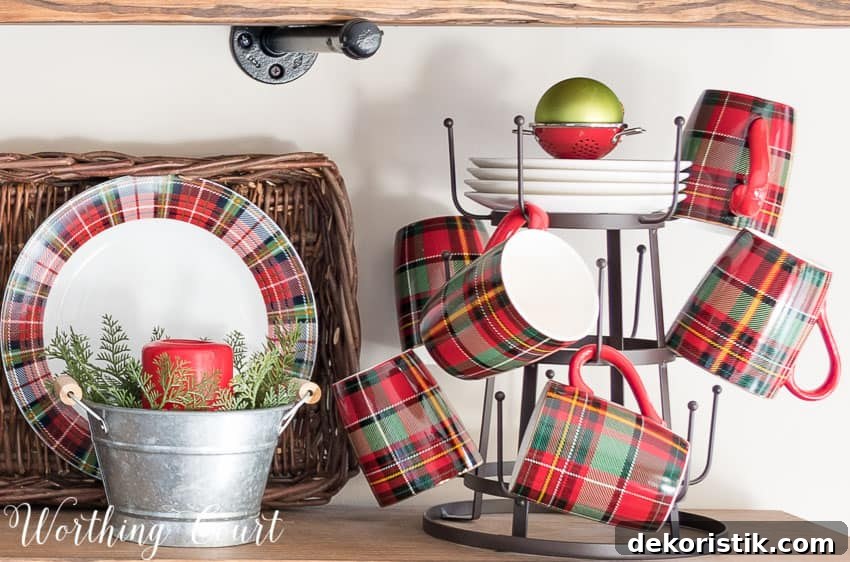 Farmhouse Christmas Breakfast Nook Decor Ideas 7 Mug tree with Christmas plaid mugs.