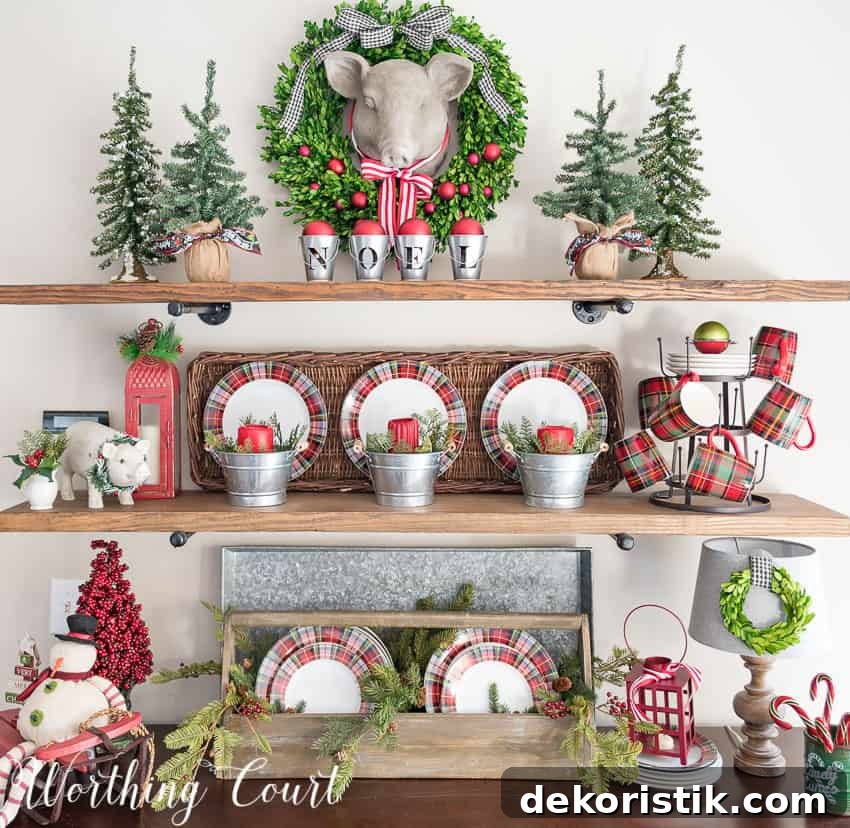 Rustic shelves decorated for Christmas using plaid dishes/