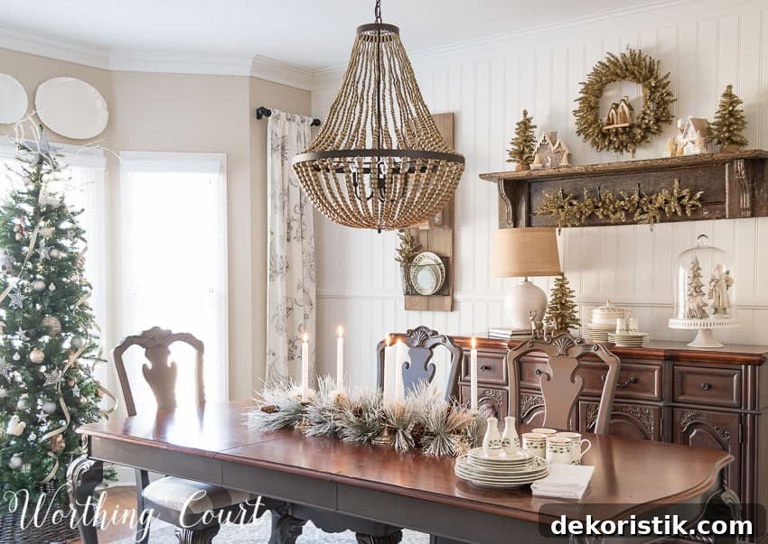 A beaded light fixture hangs above the wooden table.