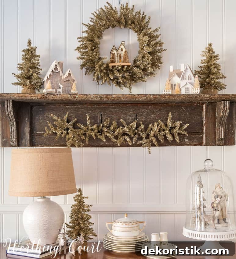 Vintage shelf display for Christmas full of Christmas decor.