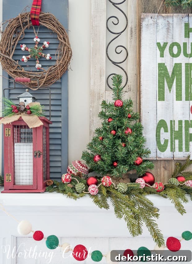 Christmas mantel in traditional red and green Christmas colors.