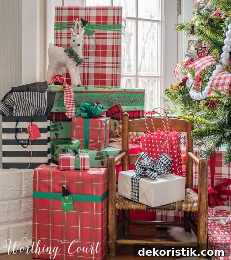 Wrapped Christmas gifts underneath and beside the tree.