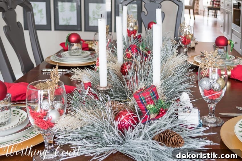 Frosted pine needle Christmas centerpiece.