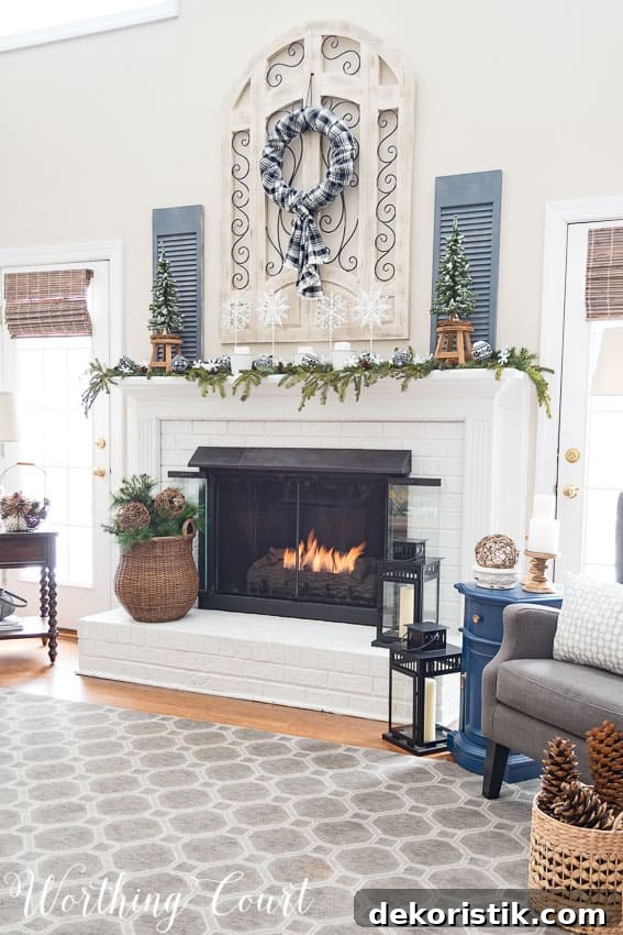 A fire is on in the fireplace.