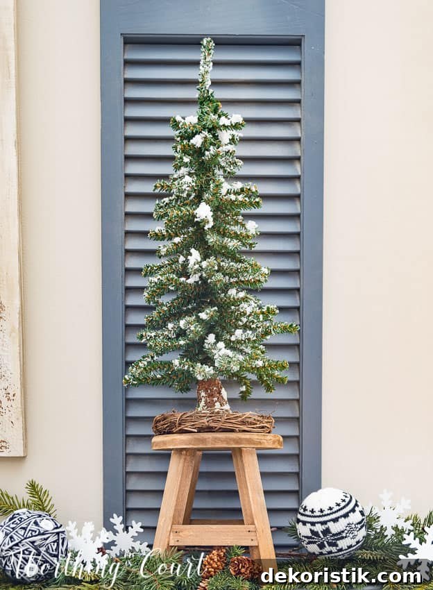 A small Christmas tree on a wooden stool with a shutter background.