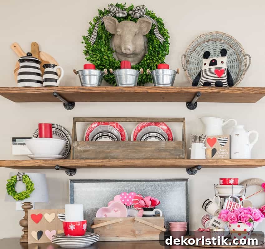 Open shelves decorated for Valentine's Day in red and pink.
