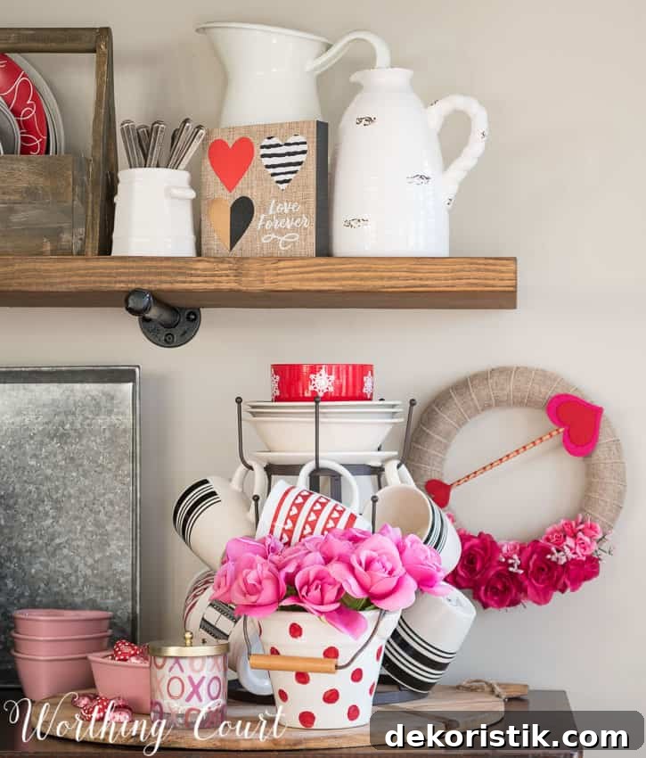 A small Valentine's Day wreath is on the wall beside the open shelves.