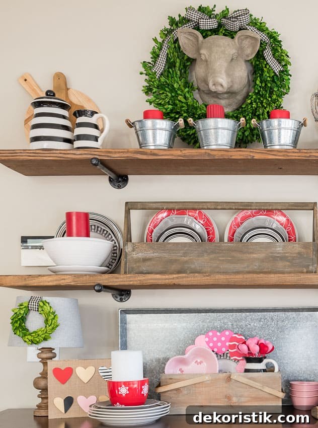 A wooden crate is on the sideboard with pink and red plates.
