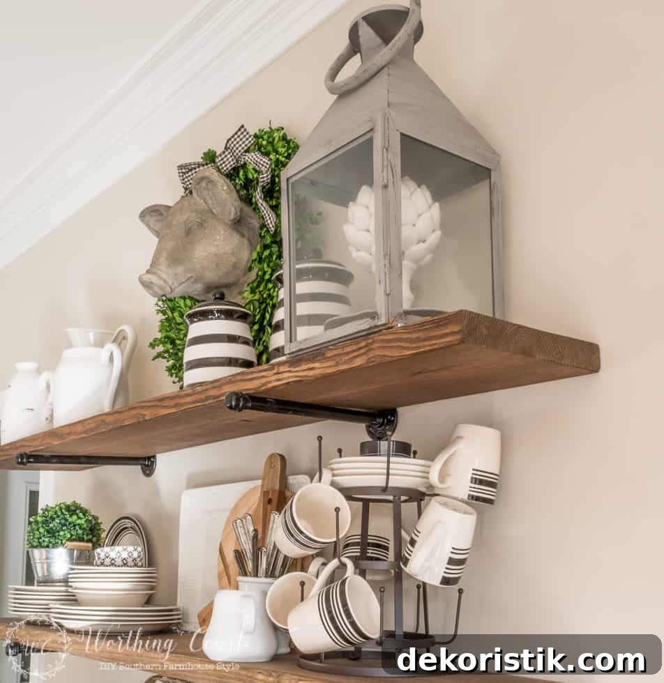 DIY rustic farmhouse kitchen shelves display with cups and saucers.