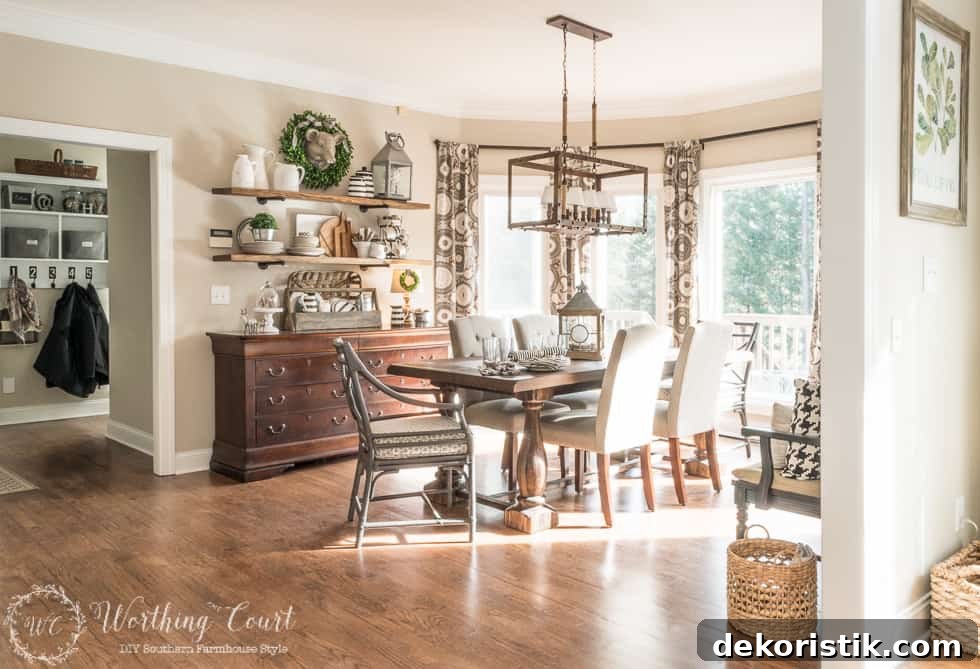 There is a small basket on the floor by the entrance to the dining room.