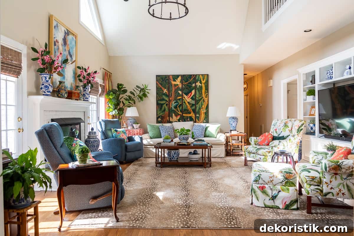 5 Decorating Rules Interior Designers Swear By for Your Home 4 beige couch against the wall with a blue recliner beside it and colorful pillows on the couch and accessories on the tables