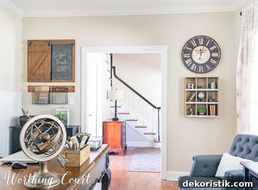 Rustic industrial wall decor for a farmhouse style home office || Worthing Court