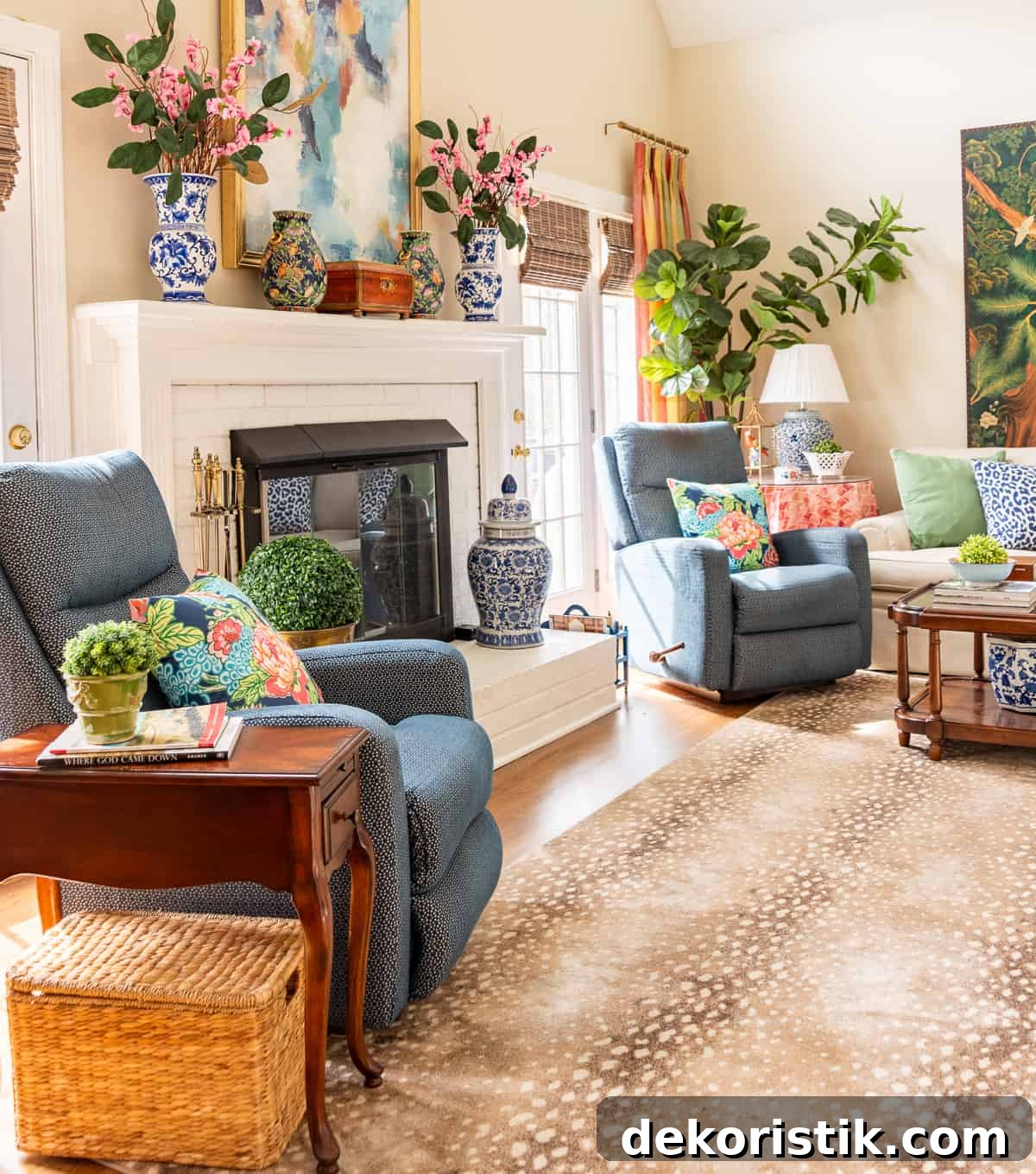 coice of antelope area rug in front of fireplace in a living room decorated in new traditional style with blue recliners, wood tables, colorful accessories