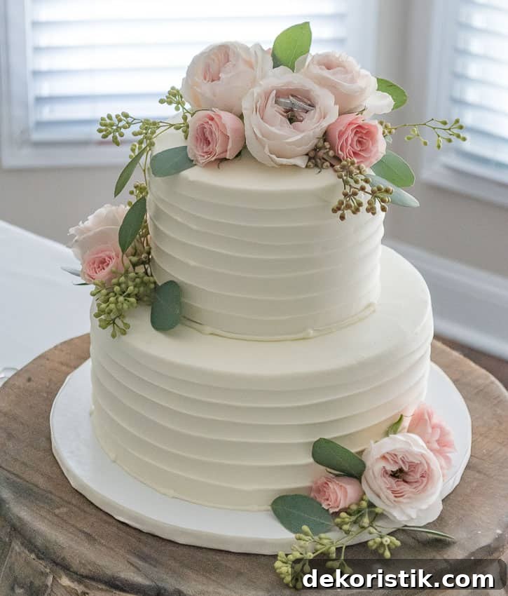 Unforgettable Weekend at Worthing Court 5 Beautiful simply styled wedding cake with fresh flowers.