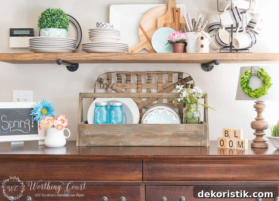Open shelves decorated with spring items.