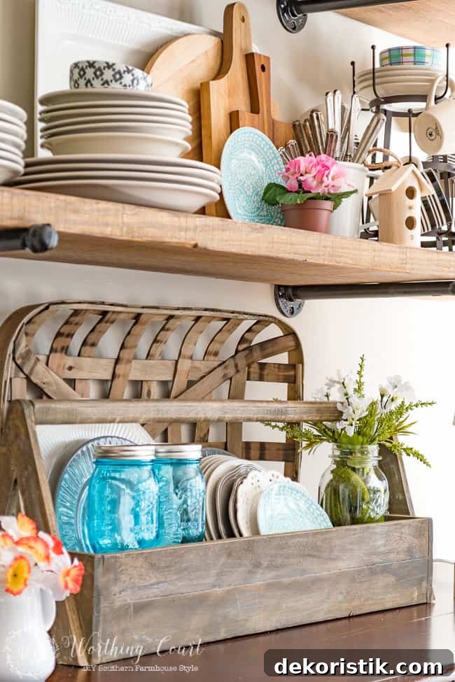 A wooden box with plates and spring items.