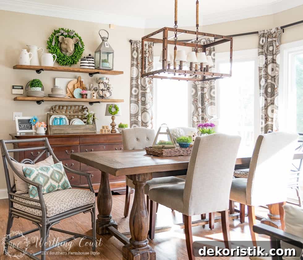 A wooden dining room table with purple flowers on it.