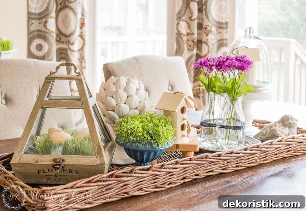 All the spring items on a wicker tray in the middle of the table.