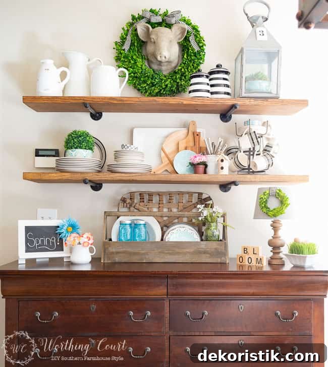 Rustic farmhouse open shelves decorated for spring.