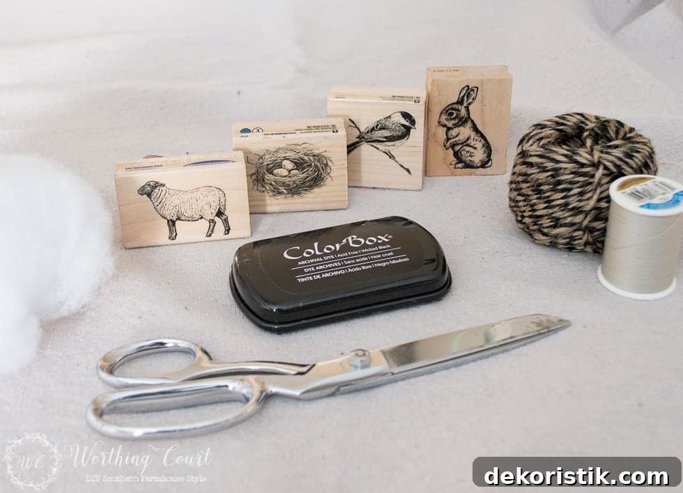Supplies needed to make stamped dropcloth Easter ornaments