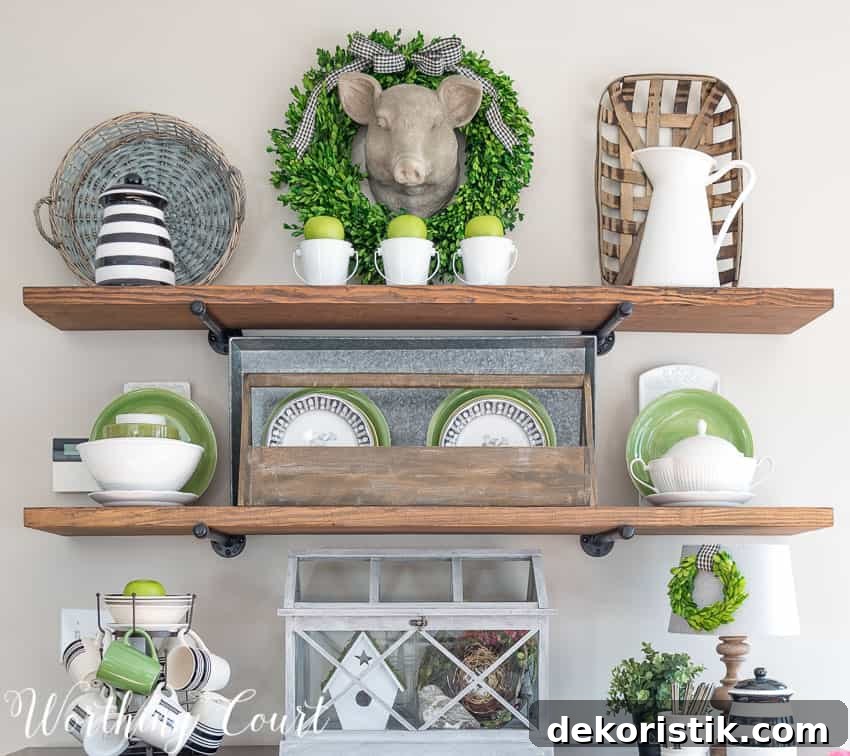 Open rustic industrial farmhouse shelves decorated for spring with black, white and green || Worthing Court