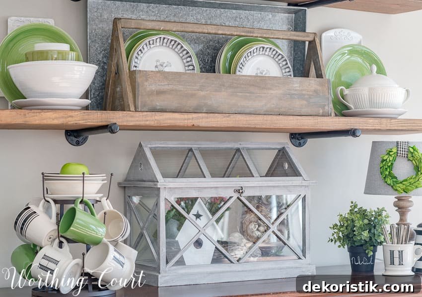 Rustic industrial farmhouse shelves decorated for spring with black, white and green || Worthing Court