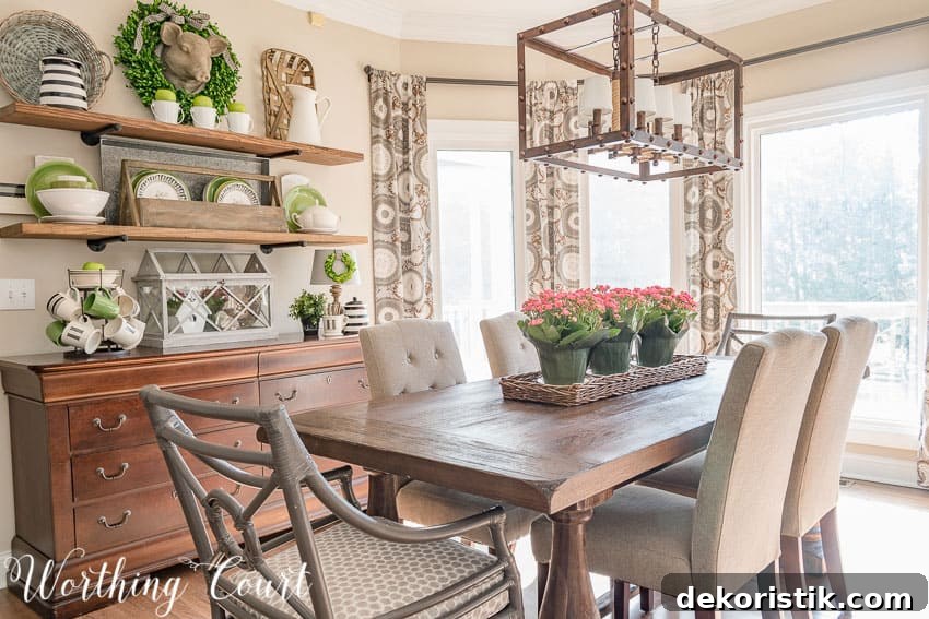 A wooden dining room table with pink flowers as a centerpiece.
