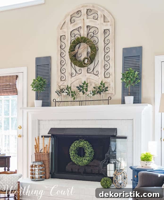A fresh and easy farmhouse style spring fireplace || Worthing Court