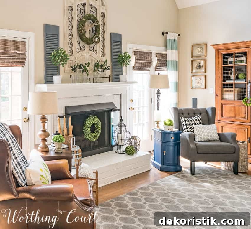 An easy farmhouse style spring mantel and hearth || Worthing Court