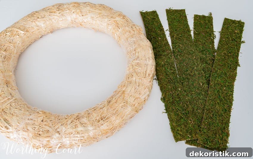 The wreath form and the moss laid out for the tutorial.