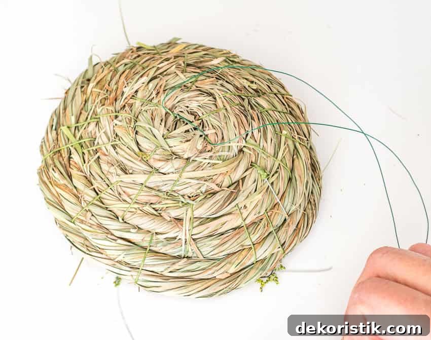 Wrapping floral wire around the wreath.