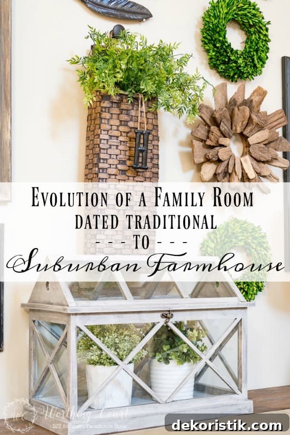 See how a dated traditional style family room turned into a suburban farmhouse charmer || Worthing Court